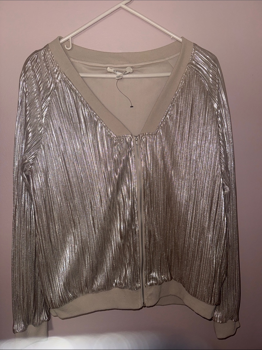 Francesca's Collections Metallic Silver/ gold  Pleated Bomber Jacket